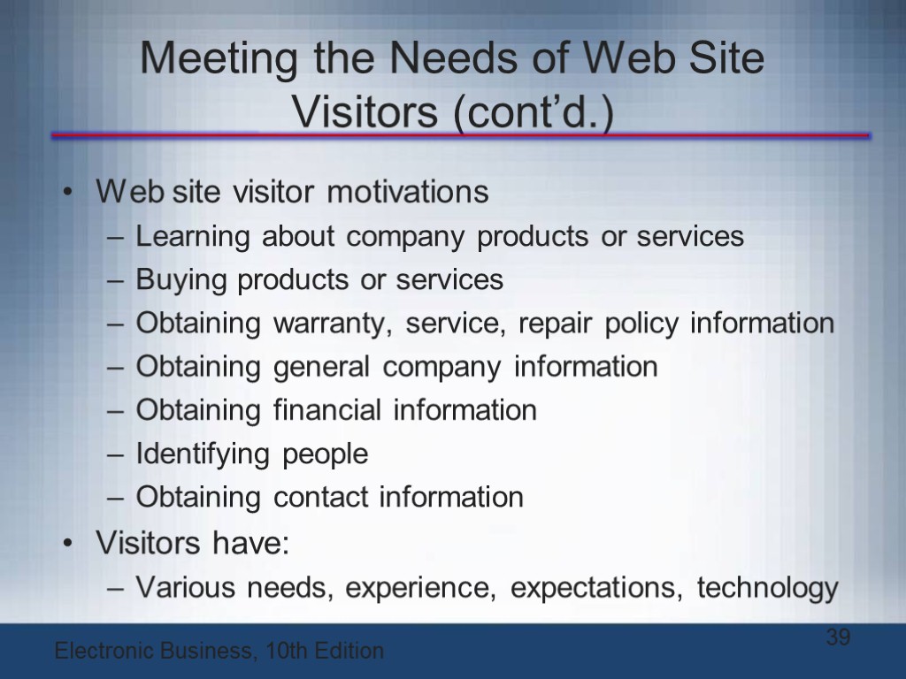Meeting the Needs of Web Site Visitors (cont’d.) Web site visitor motivations Learning about
